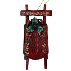 Vintage Christmas Ornament - Deep Red &amp; gold  Metal Sled w/ Holly Leaf &amp;